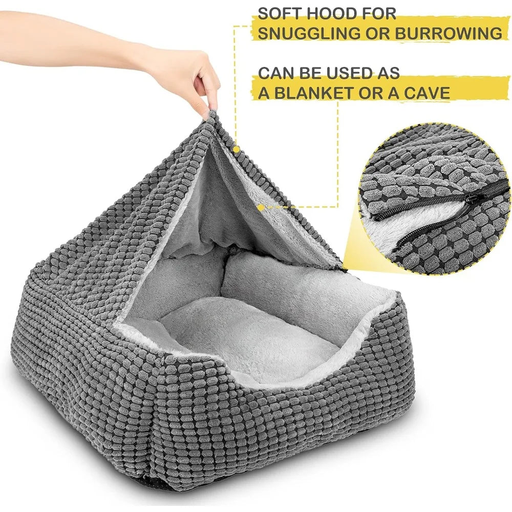 Dog Beds for Large Medium Small Dogs, Rectangle Cave Hooded Blanket Puppy Bed, Luxury Anti-Anxiety Orthopedic Cat Beds for Indo