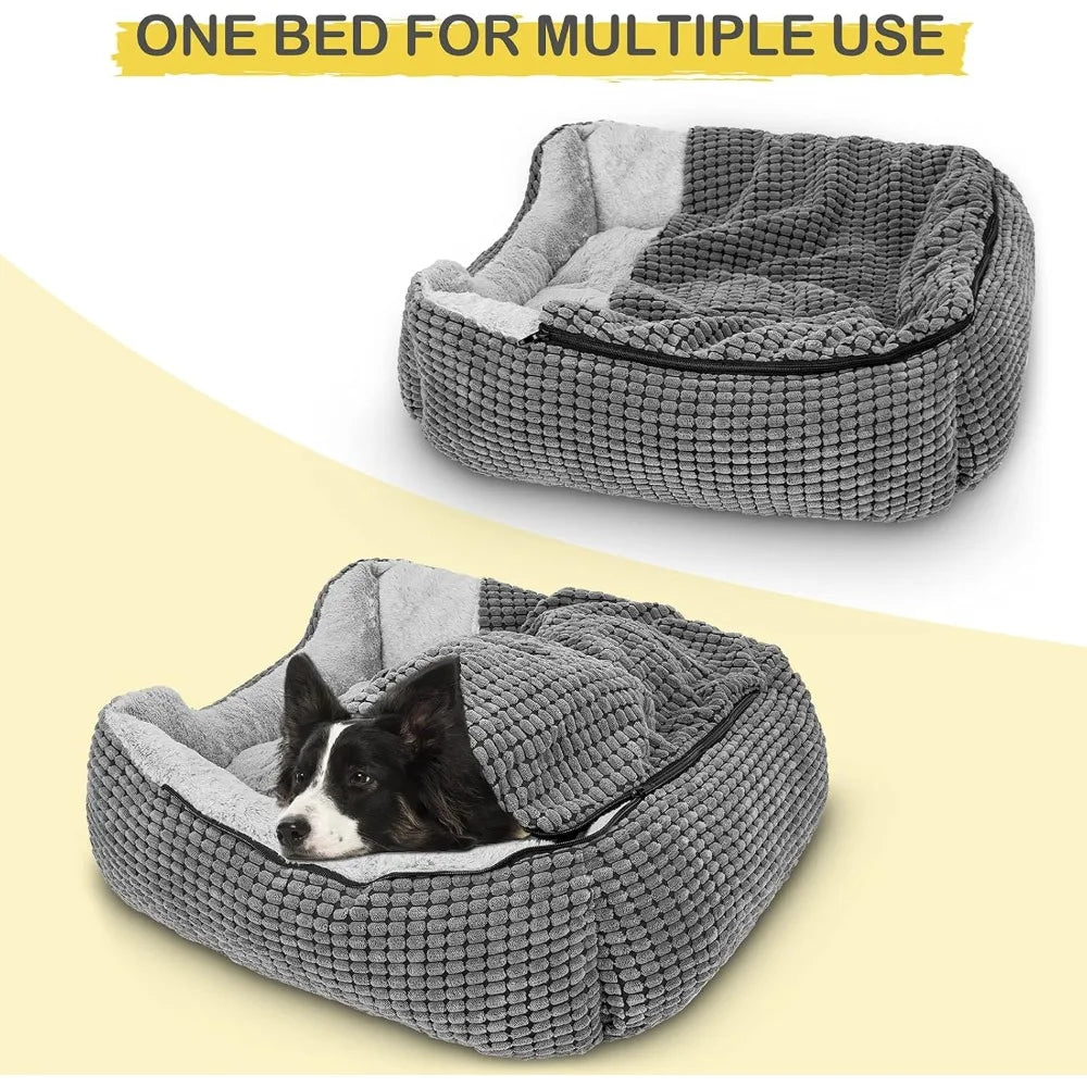 Dog Beds for Large Medium Small Dogs, Rectangle Cave Hooded Blanket Puppy Bed, Luxury Anti-Anxiety Orthopedic Cat Beds for Indo