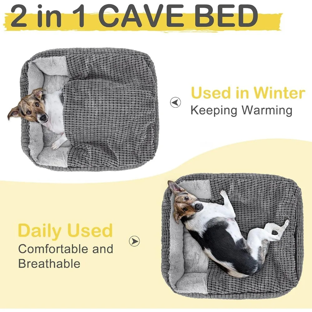 Dog Beds for Large Medium Small Dogs, Rectangle Cave Hooded Blanket Puppy Bed, Luxury Anti-Anxiety Orthopedic Cat Beds for Indo